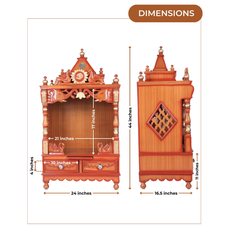 Dimensions of Divya Nivas Medium Floor Rested Pooja Mandir (Teak Gold )