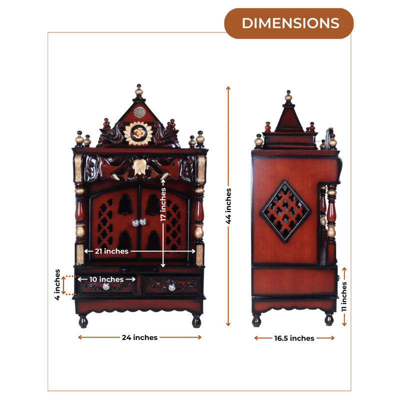 Dimensions of Divya Nivas Medium Floor Rested Pooja Mandir With Door (Brown Gold)
