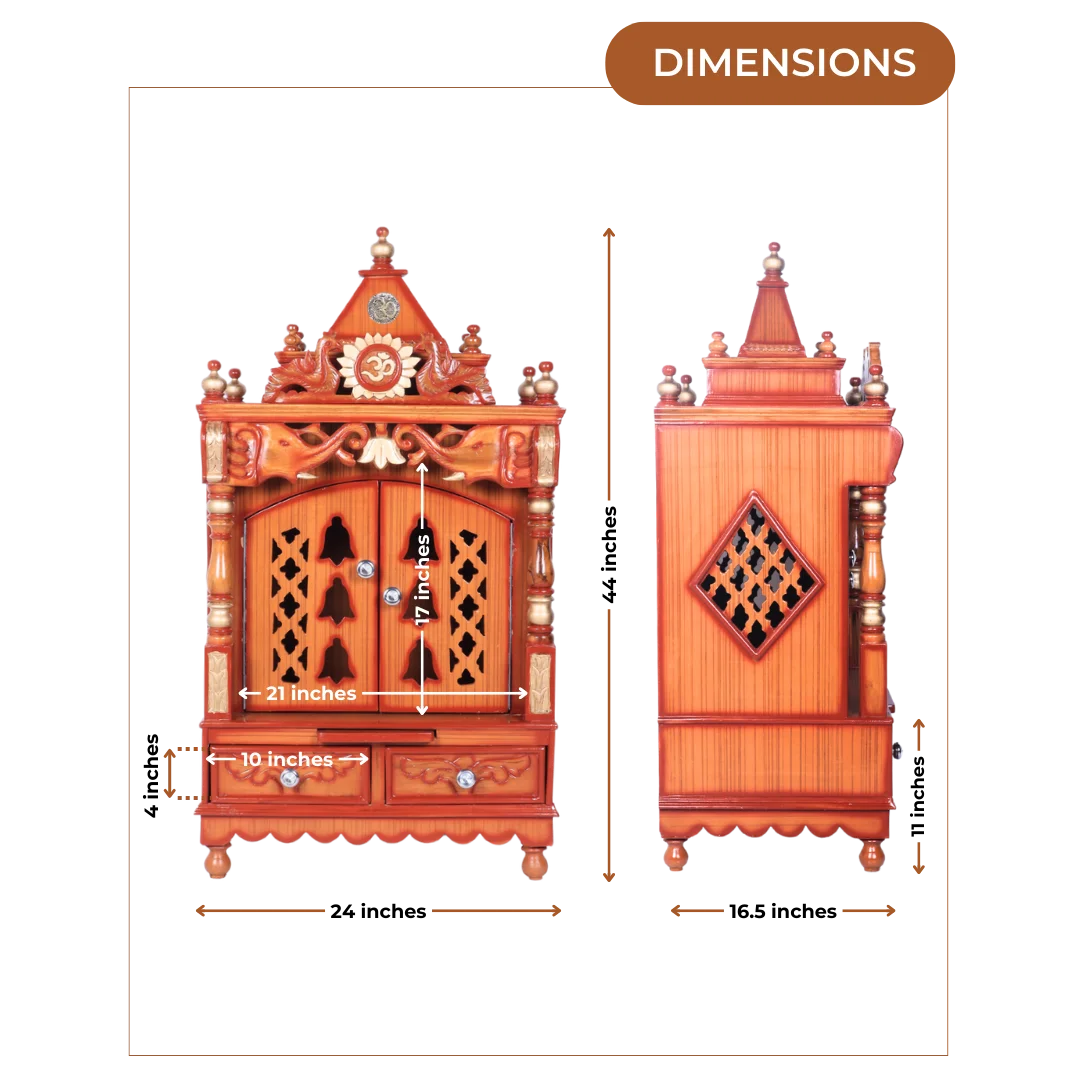 Dimensions of Divya Nivas Medium Floor Rested Pooja Mandir With Door (Teak Gold )