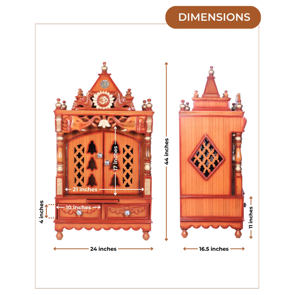Dimensions of Divya Nivas Medium Floor Rested Pooja Mandir With Door (Teak Gold )