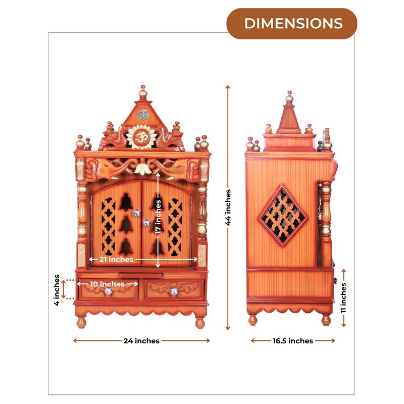 Dimensions of Divya Nivas Medium Floor Rested Pooja Mandir With Door (Teak Gold )