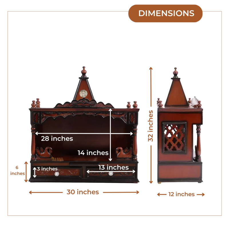 Dimensions of SukhatMan Large Wall Mount Pooja Mandir without Door (Brown)