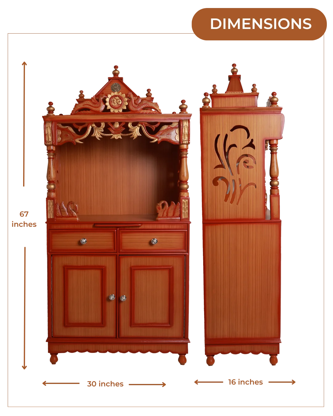 Dimensions of Vedashraya Floor Rested Pooja Mandir without Door (Teak Gold)