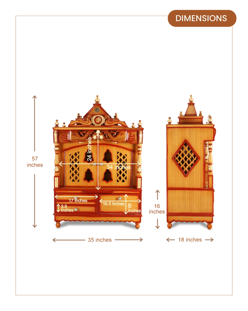 Divine Home Large Floor Rested Pooja Mandir with Door (Teak Gold) dimensions