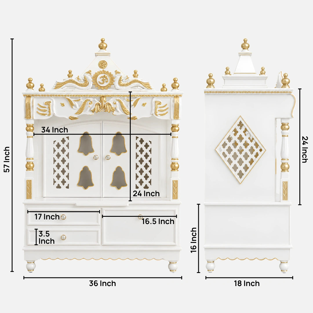 Divine Home Large Floor Rested Pooja Mandir with Door (White Gold) Dimensions