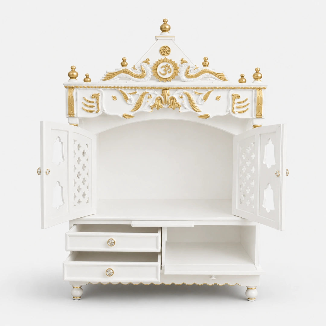 Divine Home Large Floor Rested Pooja Mandir with Door (White Gold) Front View Open Drawers