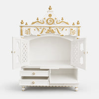 Divine Home Large Floor Rested Pooja Mandir with Door (White Gold) Front View Open Drawers