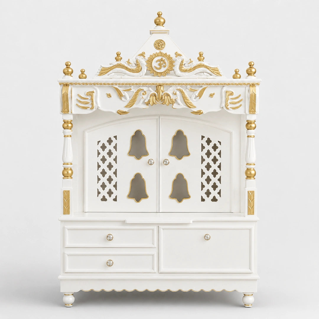 Divine Home Large Floor Rested Pooja Mandir with Door (White Gold) Front View