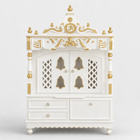 Divine Home Large Floor Rested Pooja Mandir with Door (White Gold) Front View