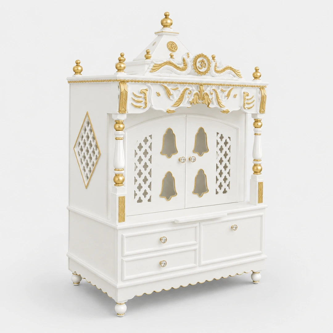 Divine Home Large Floor Rested Pooja Mandir with Door (White Gold) Side Angle