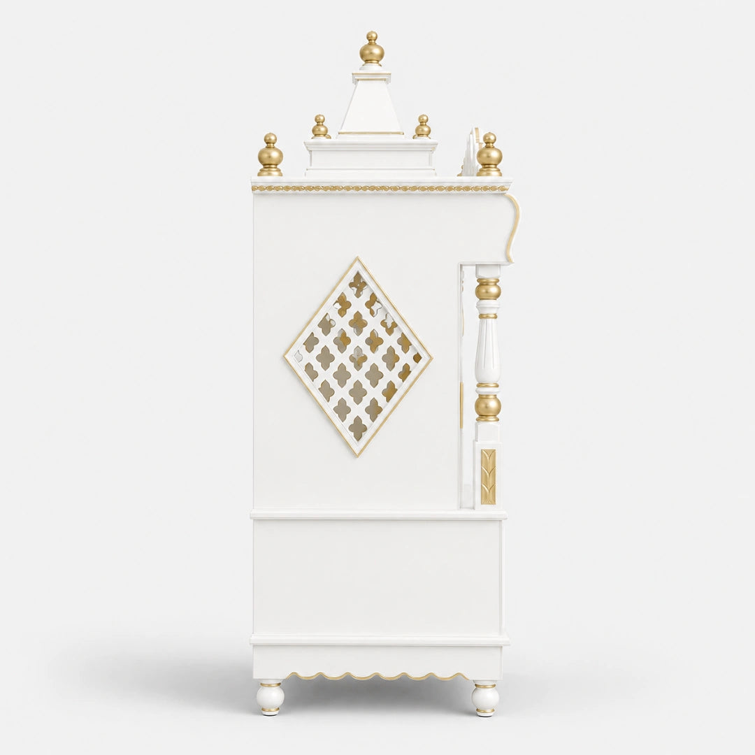Divine Home Large Floor Rested Pooja Mandir with Door (White Gold) Side View