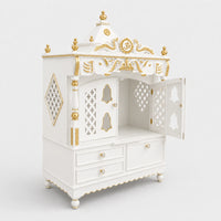 Divine Home Large Floor Rested Pooja Mandir with Door (White Gold) Side View Open Door