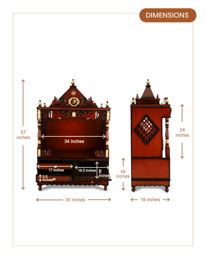 Divine Home Large Floor Rested Pooja Mandir without Door (Brown Gold) dimensions