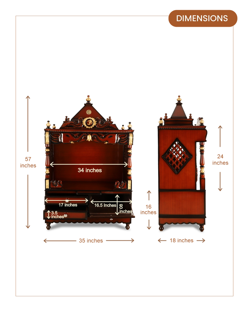 Divine Home Large Floor Rested Pooja Mandir without Door (Brown Gold) dimensions