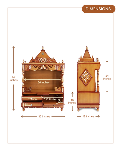Divine Home Large Floor Rested Pooja Mandir without Door (Teak Gold) dimensions