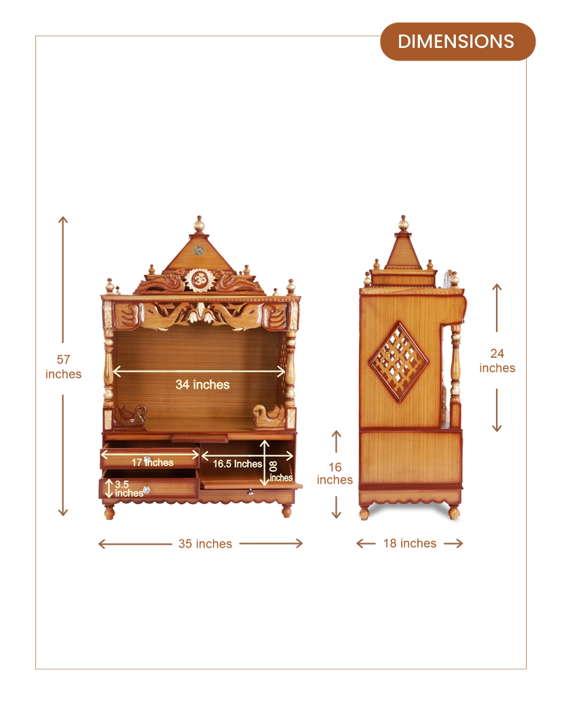 Divine Home Large Floor Rested Pooja Mandir without Door (Teak Gold) dimensions