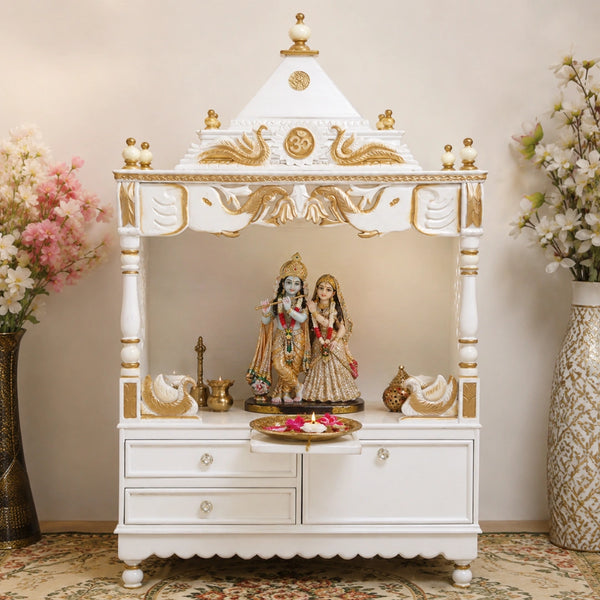 Divine Home Large Floor Rested Pooja Mandir without Door (White Gold) lifestyle view 