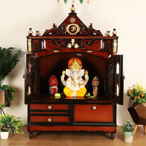 Divine Home Large Floor Rested Pooja Mandir with Door (Brown Gold)