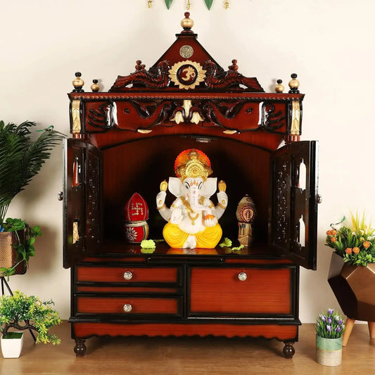 Divine Home Large Floor Rested Pooja Mandir with Door Brown Gold color lifestyle image