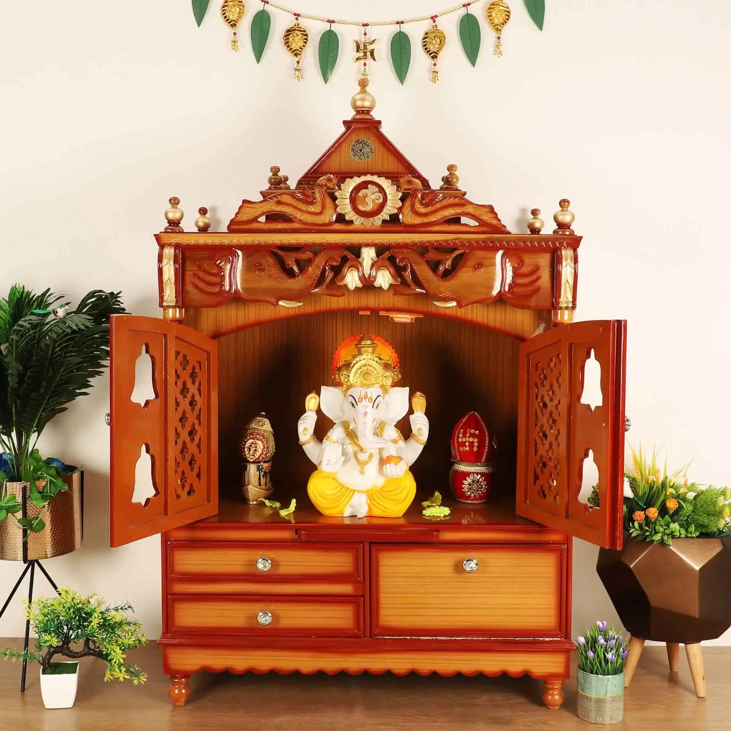 Divine Home Large Floor Rested Pooja Mandir with Door Teak Gold color lifestyle image