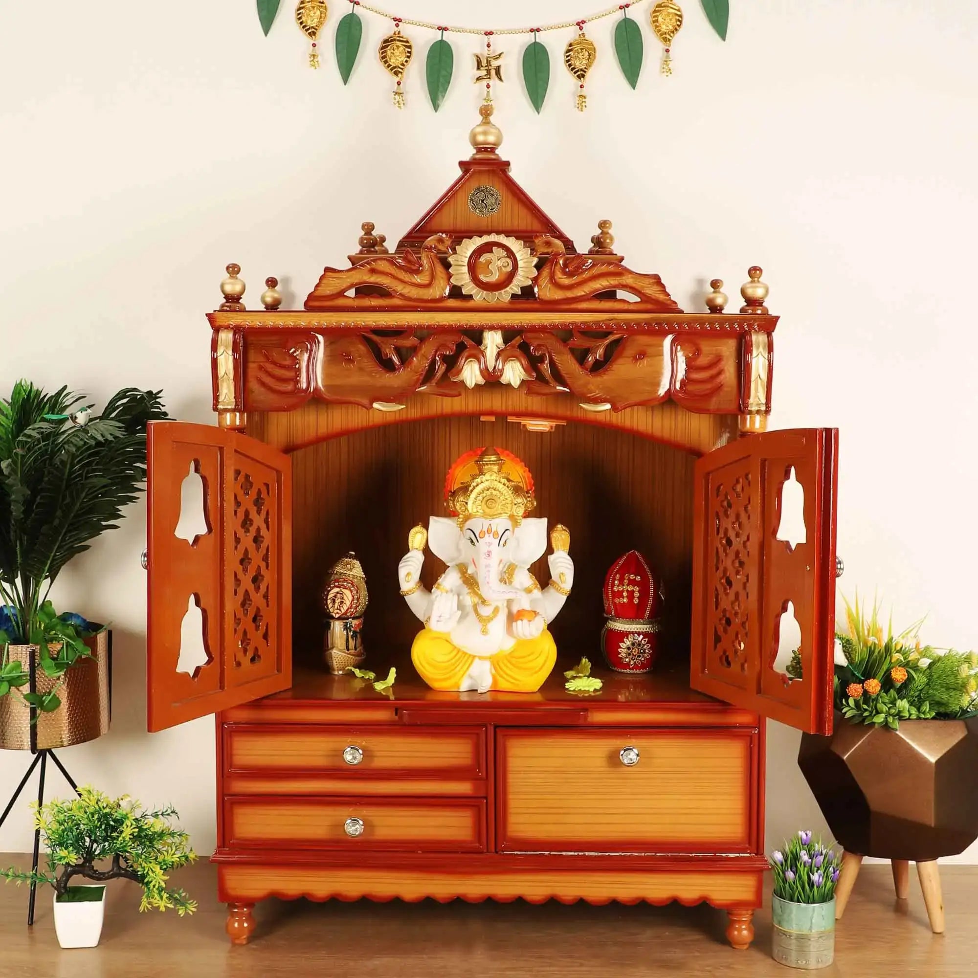 Divine Home Large Floor Rested Pooja Mandir with Door Teak Gold color lifestyle image