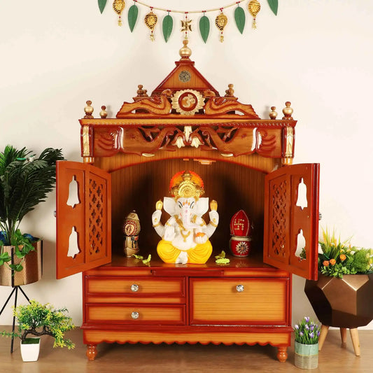 Divine Home Large Floor Rested Pooja Mandir with Door Teak Gold color lifestyle image