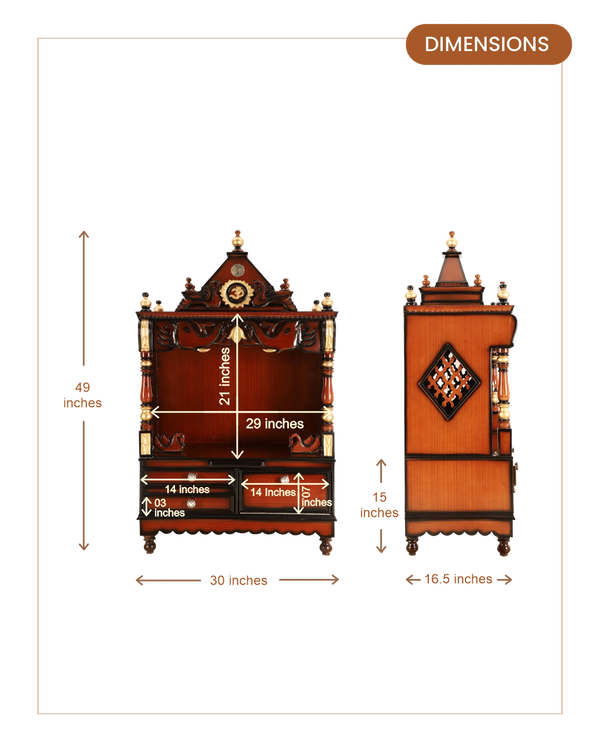Divine Home Medium Floor Rested Pooja Mandir with Door (Brown Gold) dimensions