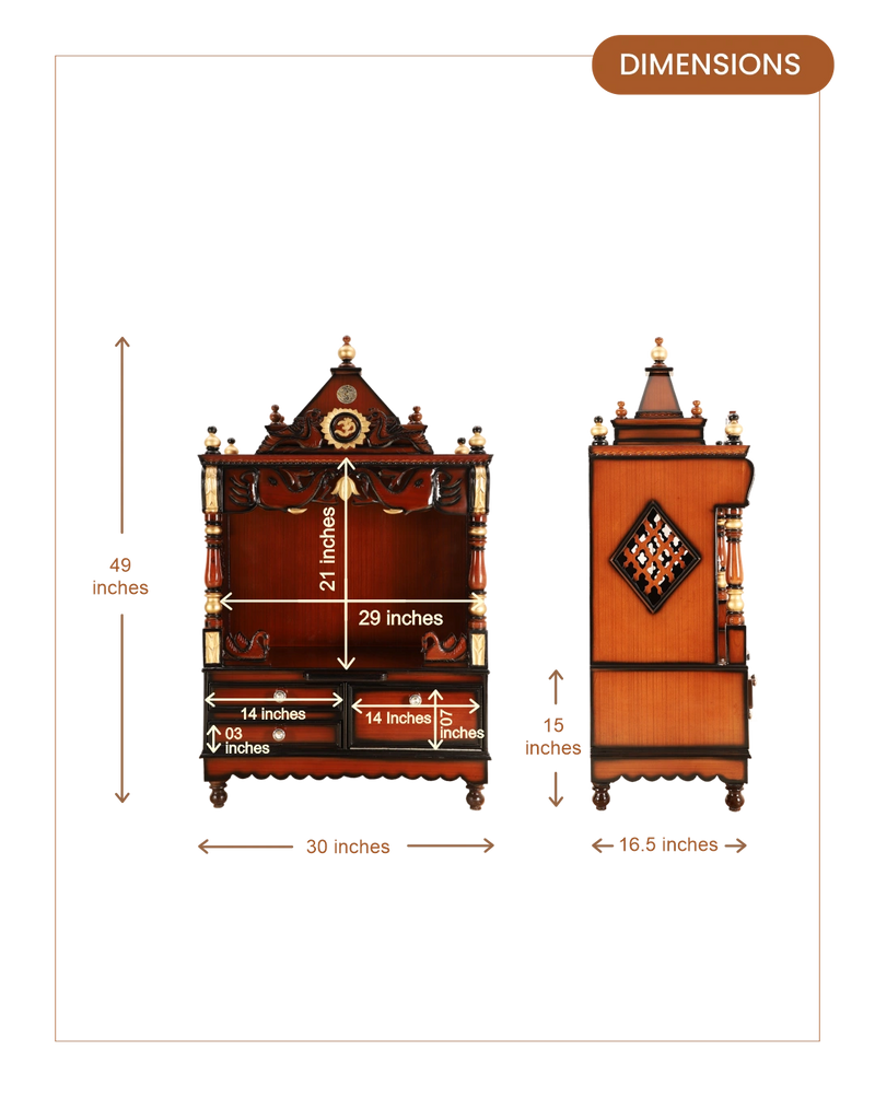 Divine Home Medium Floor Rested Pooja Mandir with Door (Brown Gold) dimensions