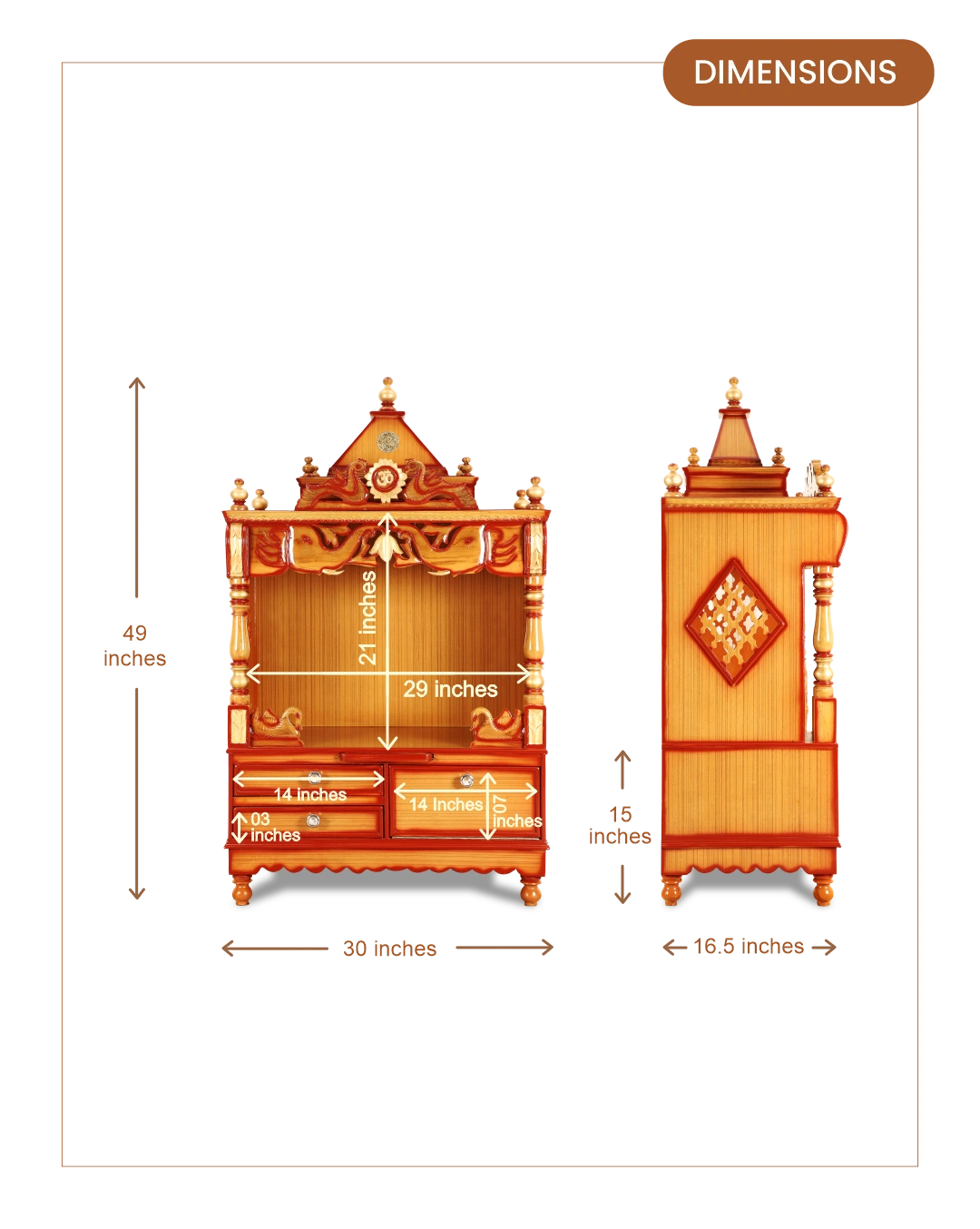 Divine Home Medium Floor Rested Pooja Mandir without Door (Teak Gold) dimensions