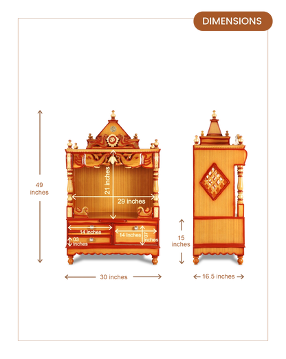 Divine Home Medium Floor Rested Pooja Mandir without Door (Teak Gold) dimensions