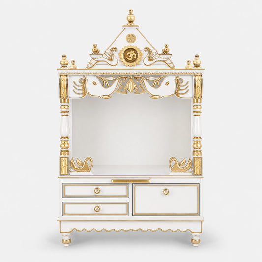 Divine Home Medium Floor Rested Pooja Mandir without Door (White Gold) Front View