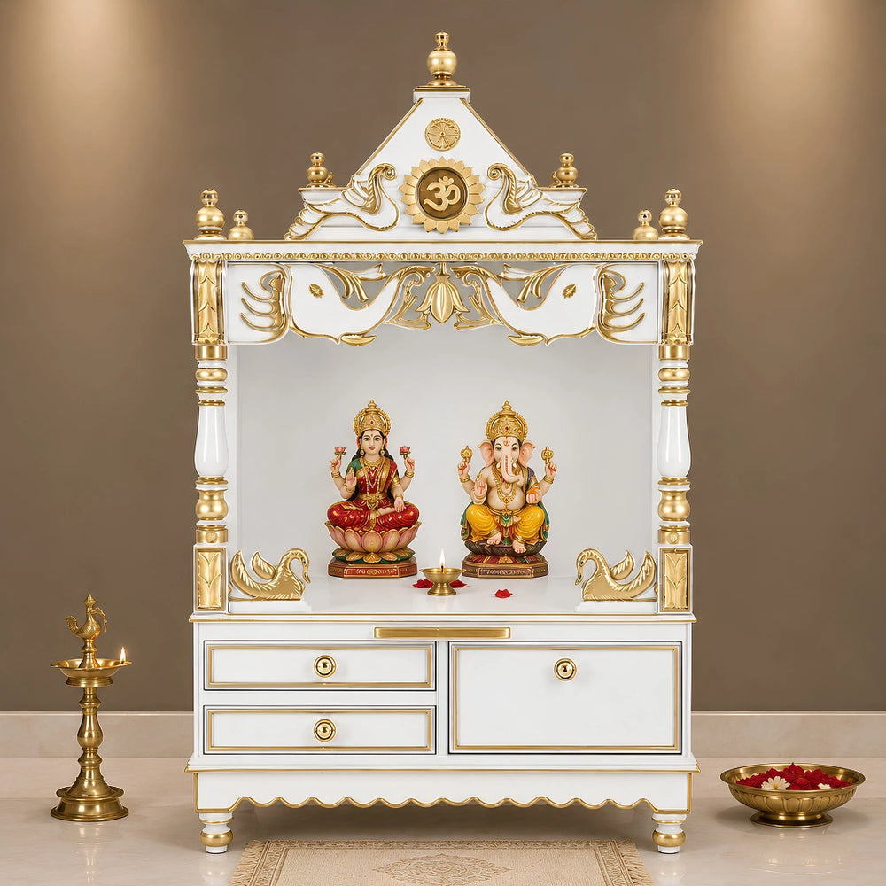 Divine Home Medium Floor Rested Pooja Mandir without Door (White Gold) Lifestyle View
