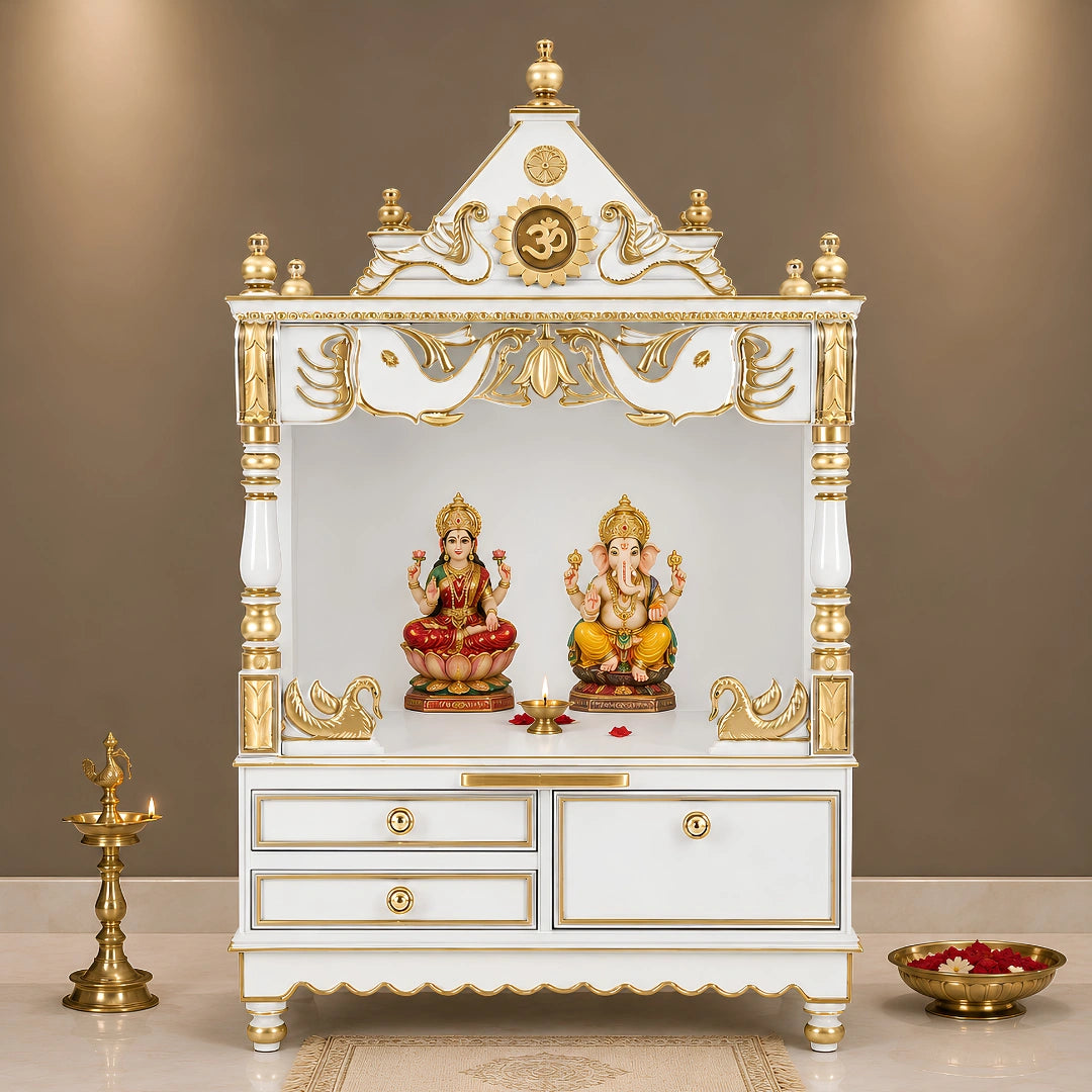 Divine Home Medium Floor Rested Pooja Mandir without Door (White Gold) Lifestyle View