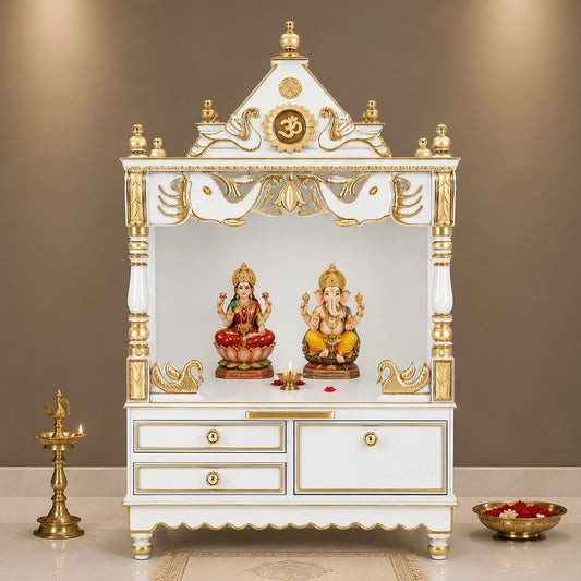 Divine Home Medium Floor Rested Pooja Mandir without Door (White Gold) Lifestyle View
