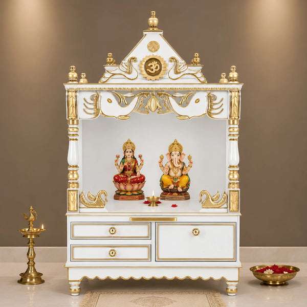 Divine Home Medium Floor Rested Pooja Mandir without Door (White Gold) Lifestyle View