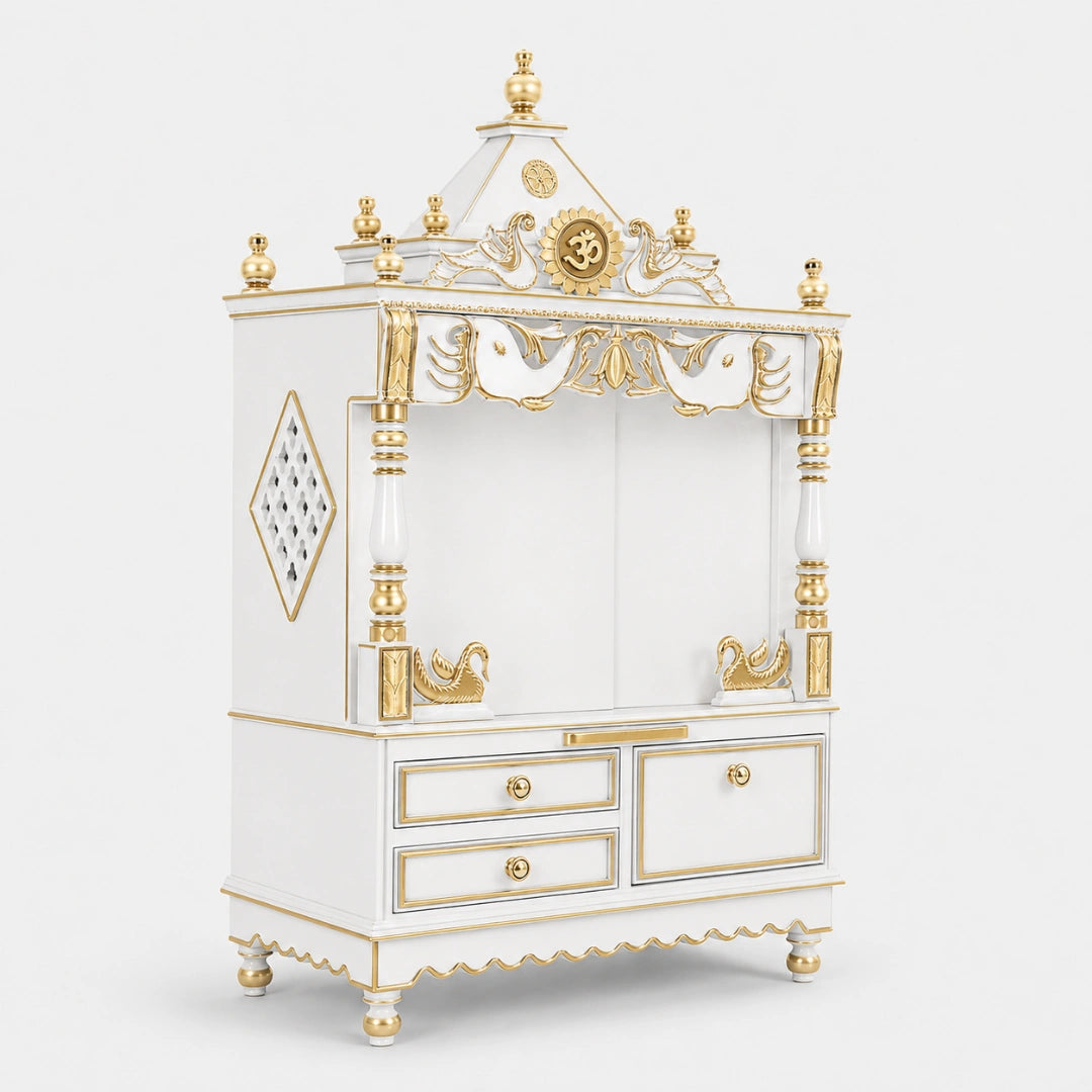 Divine Home Medium Floor Rested Pooja Mandir without Door (White Gold) Side View
