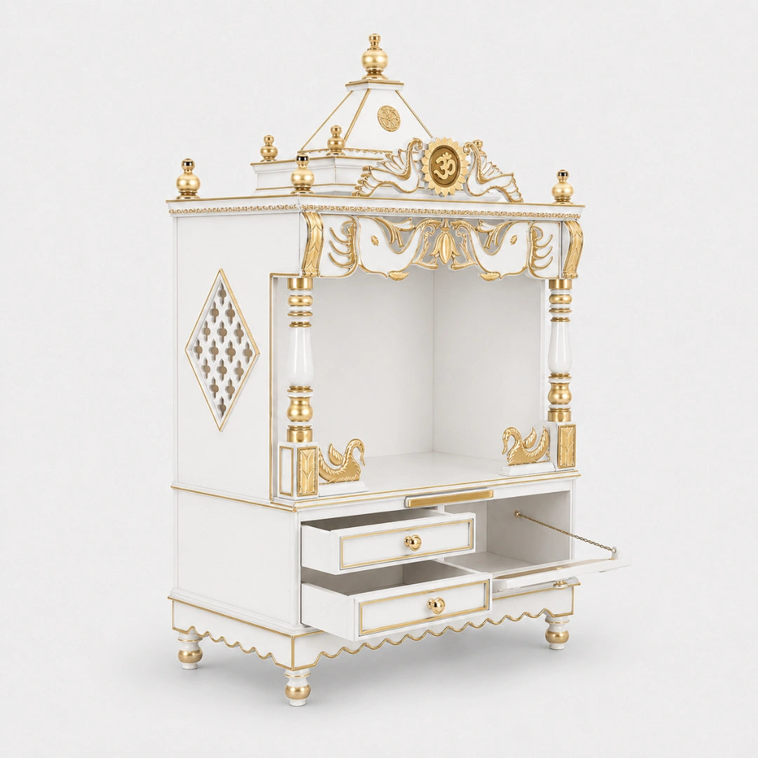 Divine Home Medium Floor Rested Pooja Mandir without Door (White Gold) Side View Open Drawer
