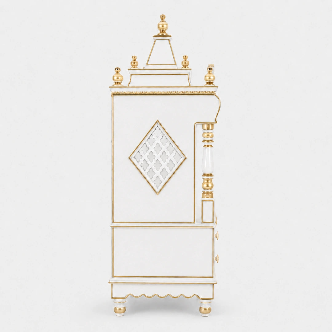 Divine Home Medium Floor Rested Pooja Mandir without Door (White Gold) Side Angle