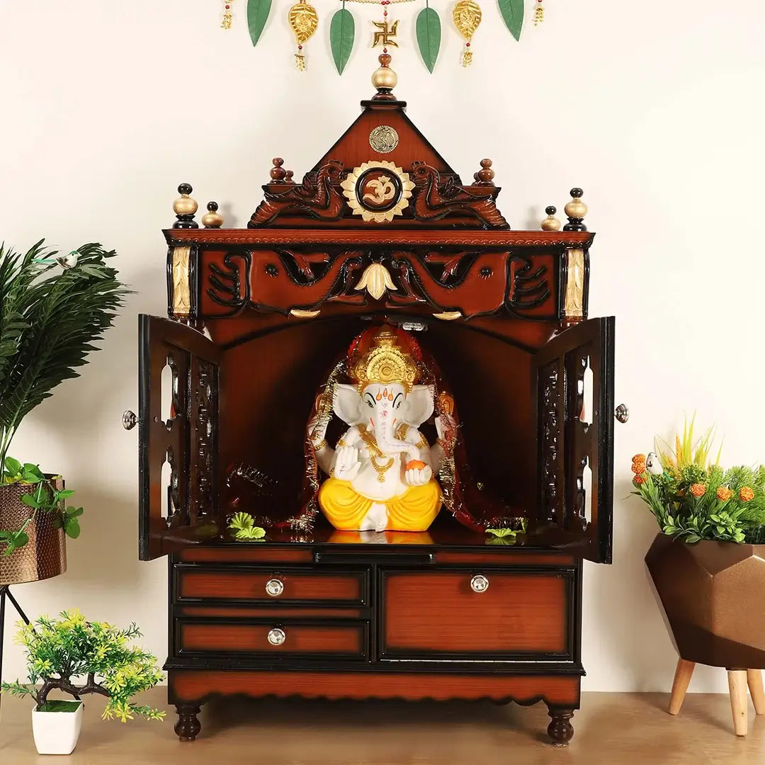 Divine Space Medium Floor Rested Pooja Mandir with Door Brown Gold color lifestyle image