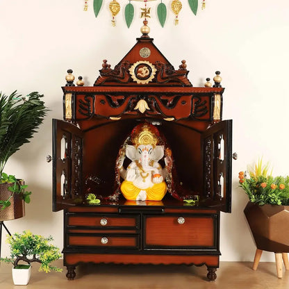 Divine Space Medium Floor Rested Pooja Mandir with Door Brown Gold color lifestyle image
