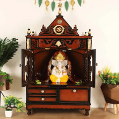 Divine Home Medium Floor Rested Pooja Mandir with Door (Brown Gold)