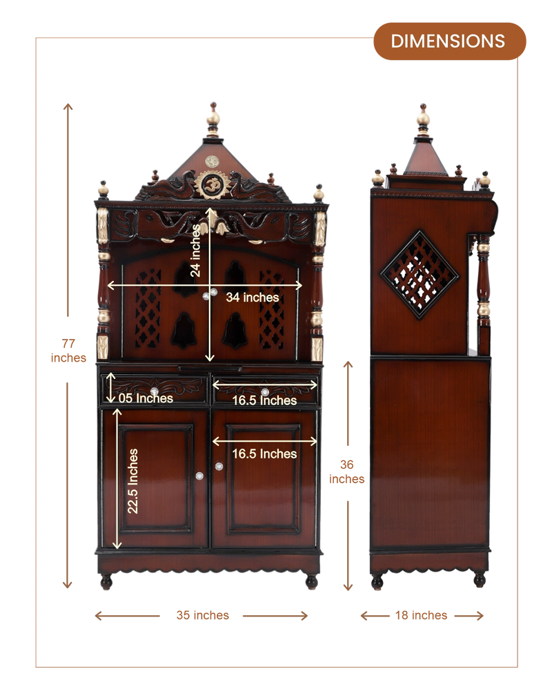 Divine Palace Large Floor Rested Pooja Mandap with Door (Brown Gold) dimensions
