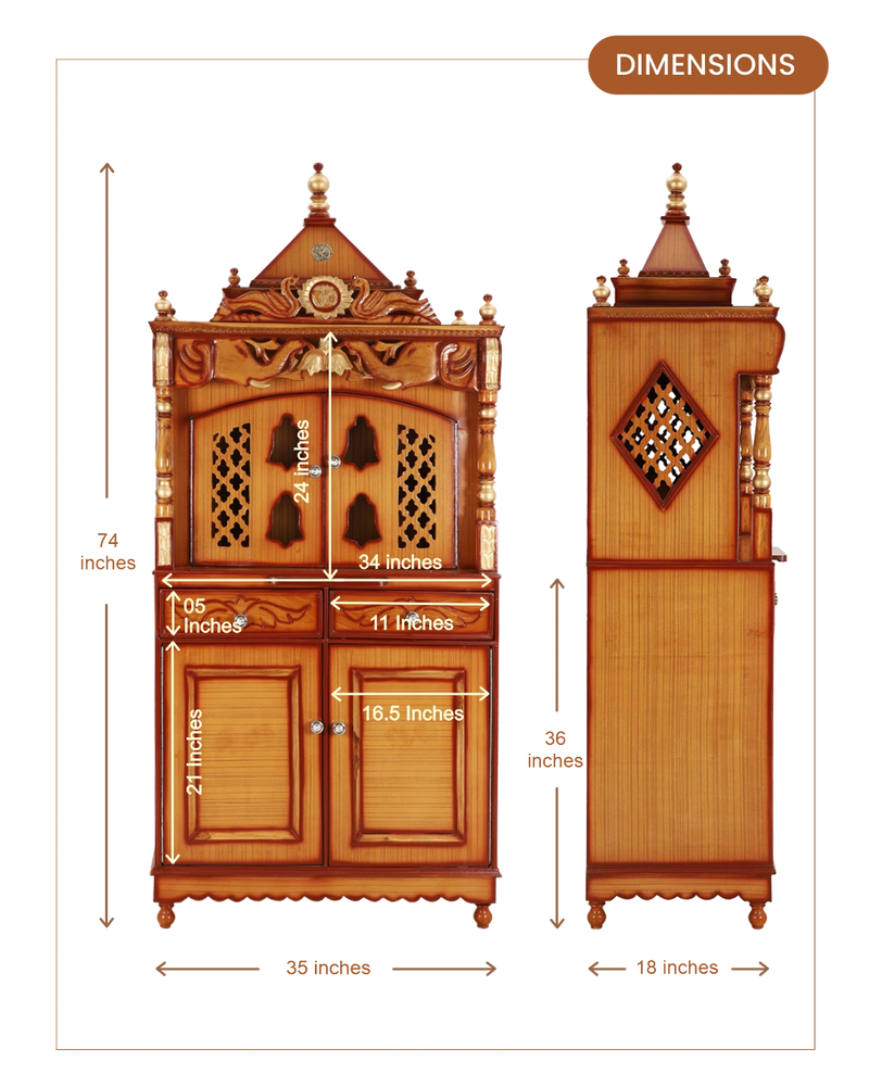 Divine Palace Large Floor Rested Pooja Mandap with Door (Teak Gold) dimensions