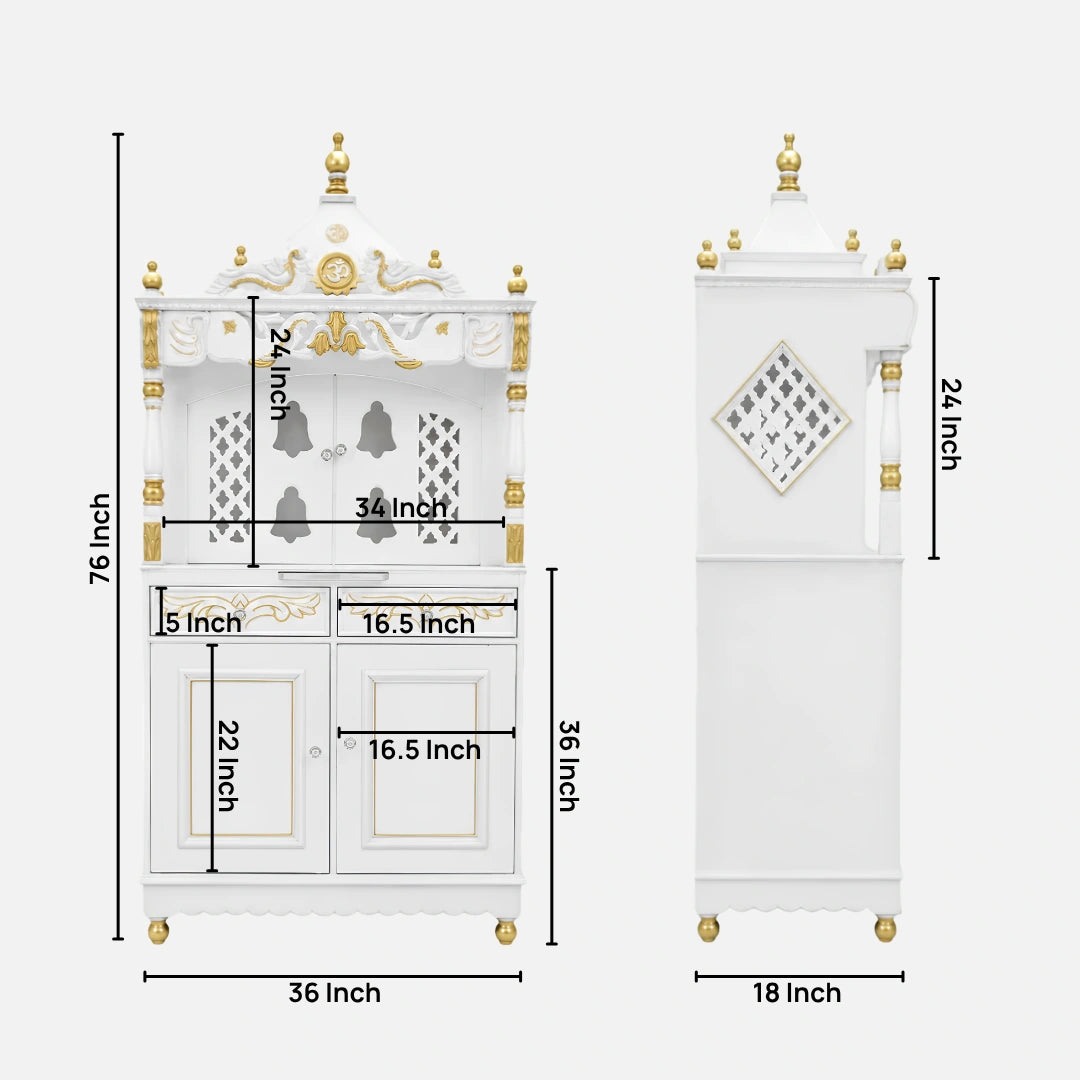 Divine Palace Large Floor Rested Pooja Mandap with Door (White Gold) Dimensions