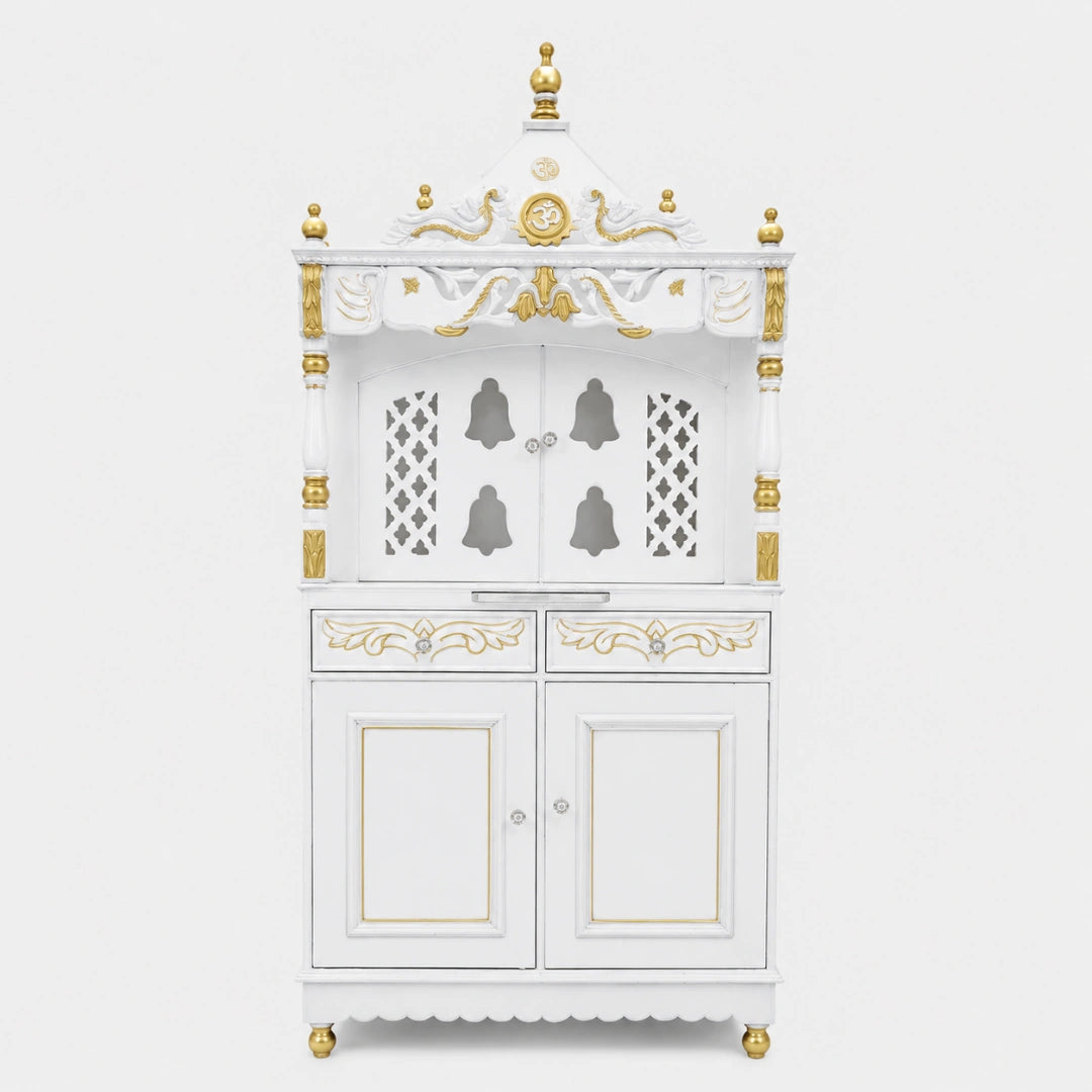 Divine Palace Large Floor Rested Pooja Mandap with Door (White Gold) Front View