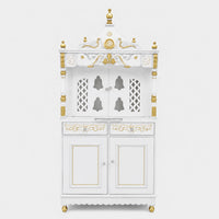Divine Palace Large Floor Rested Pooja Mandap with Door (White Gold) Front View