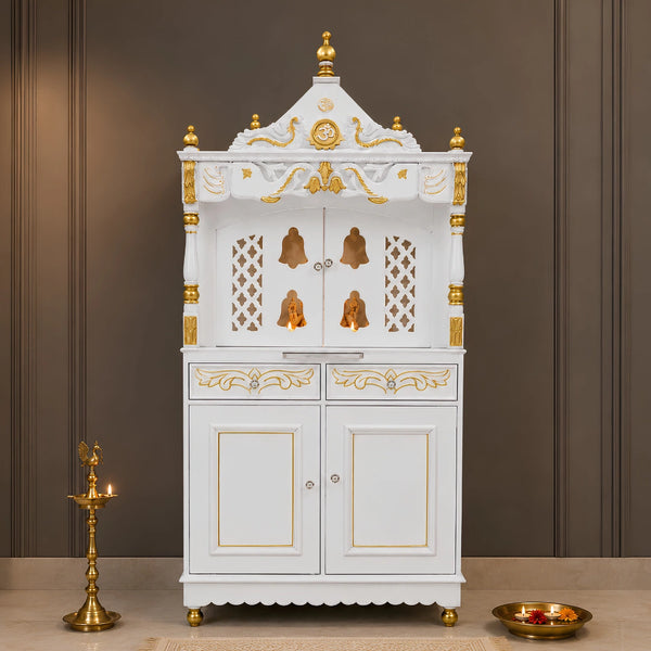Divine Palace Large Floor Rested Pooja Mandap with Door (White Gold) Lifestyle Image