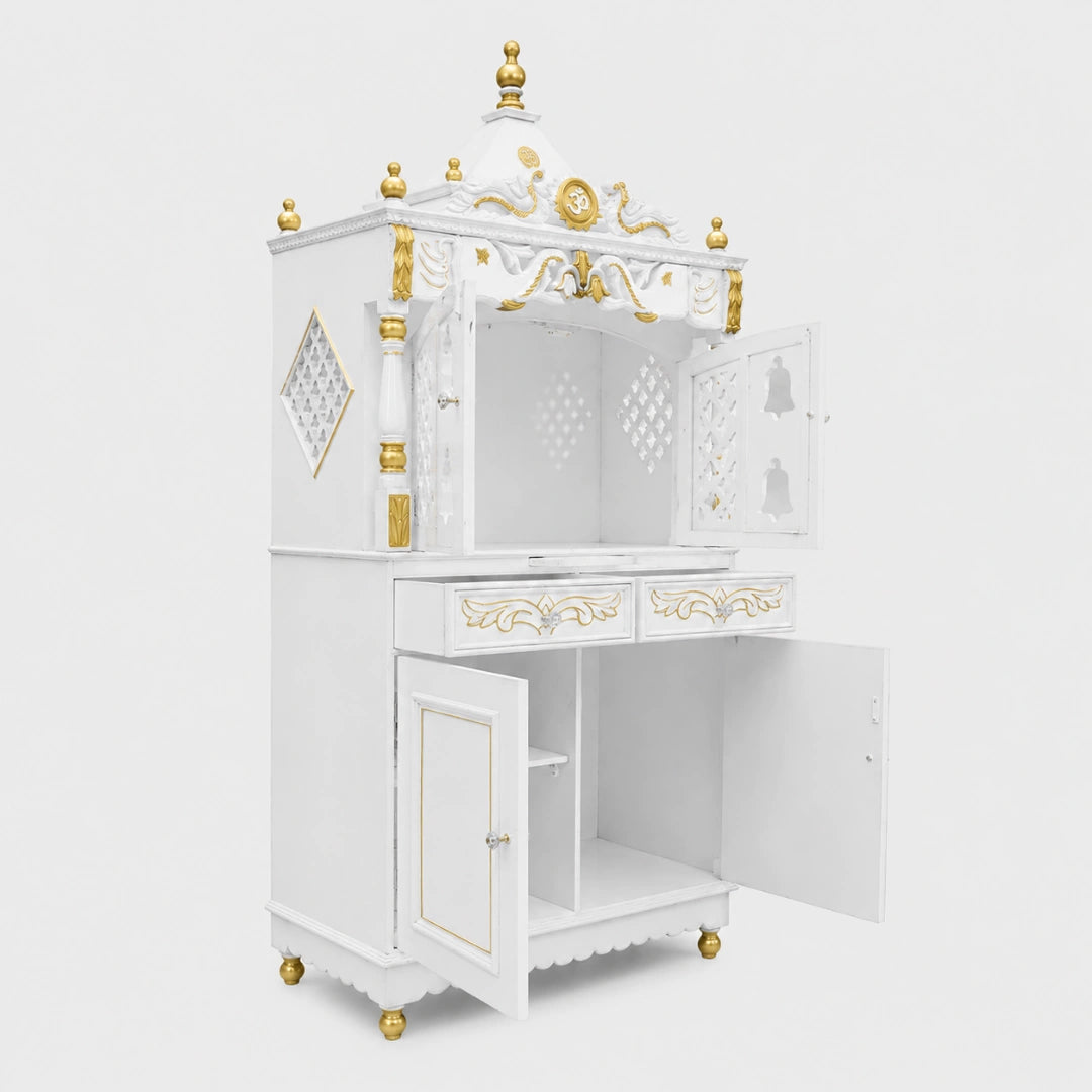 Divine Palace Large Floor Rested Pooja Mandap with Door (White Gold) Side view open drawers