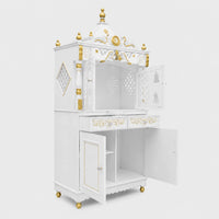 Divine Palace Large Floor Rested Pooja Mandap with Door (White Gold) Side view open drawers