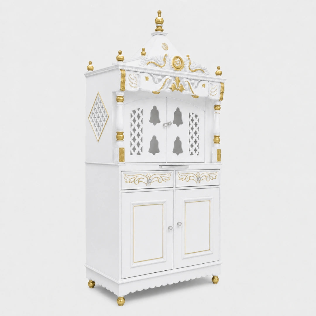 Divine Palace Large Floor Rested Pooja Mandap with Door (White Gold) Side View